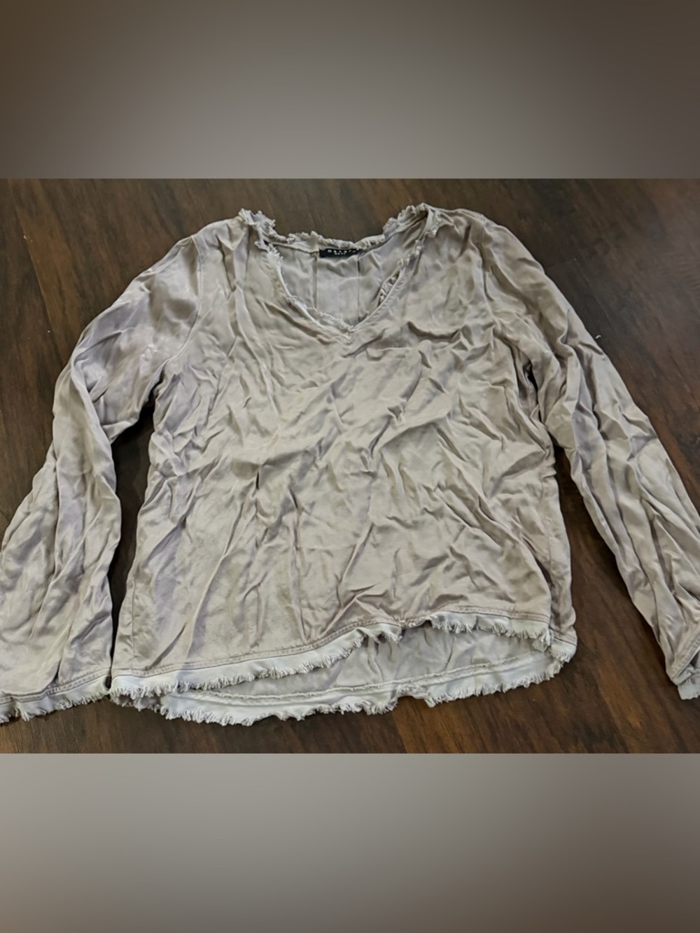 Maven West Frayed V-Neck Long Sleeve Top - Beige